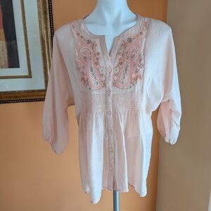 FP Movement by Free People Light Pink Embroidered Blouse Size SP